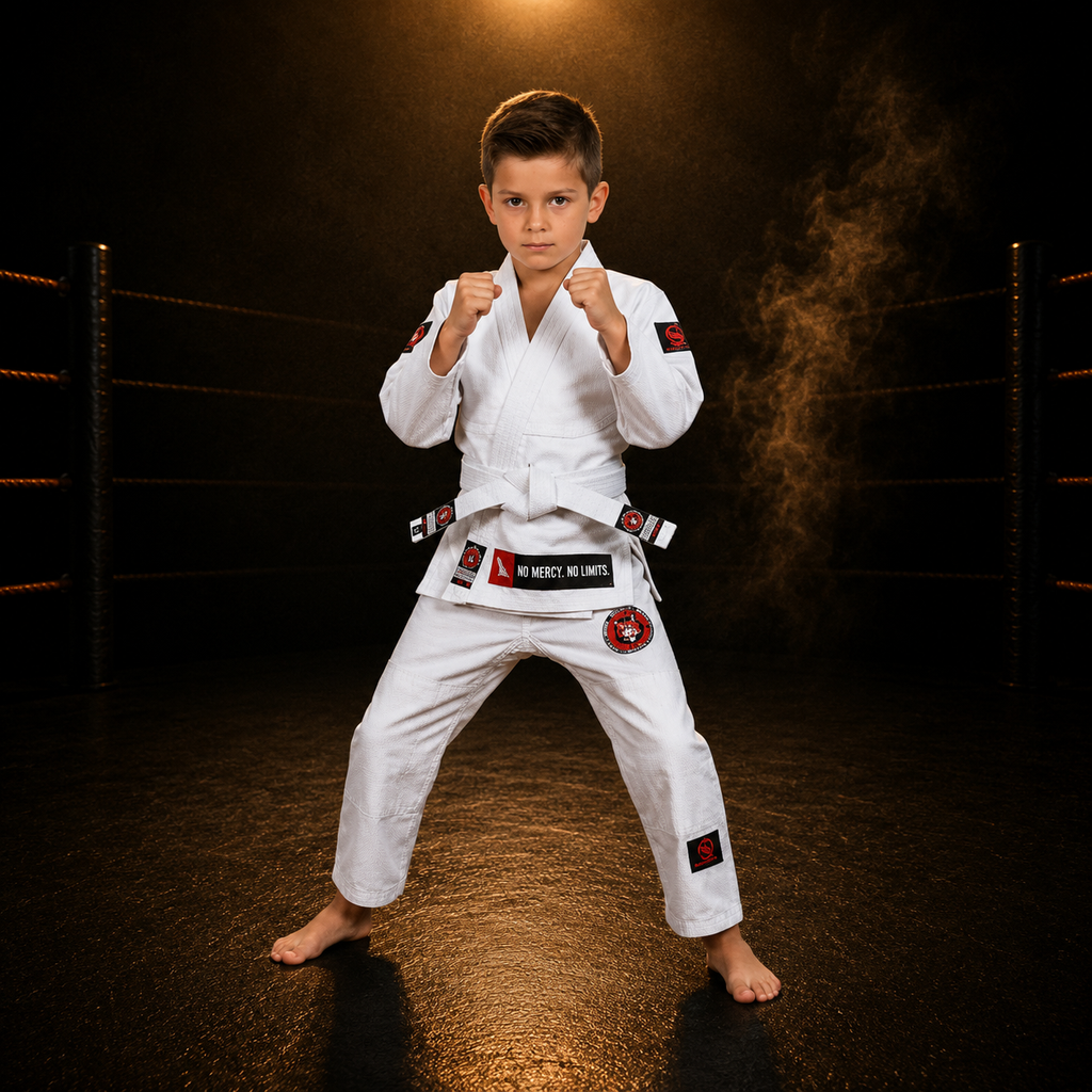Novakik Kids BJJ GI with White Belt – White Alpha Series 450 GSM Kimono Jiu Jitsu Uniform