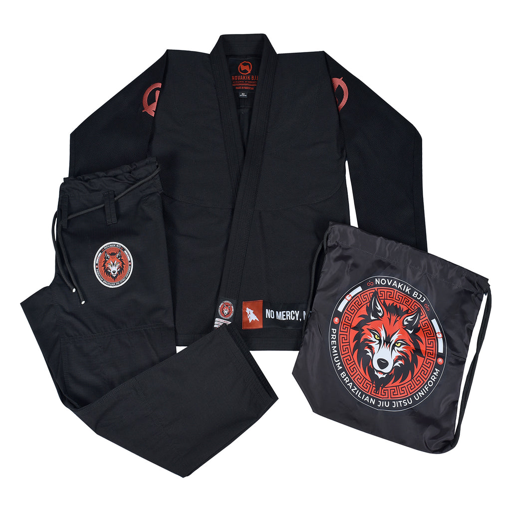Novakik Kids BJJ GI with White Belt – Black Alpha Series 450 GSM Kimono Jiu Jitsu Uniform